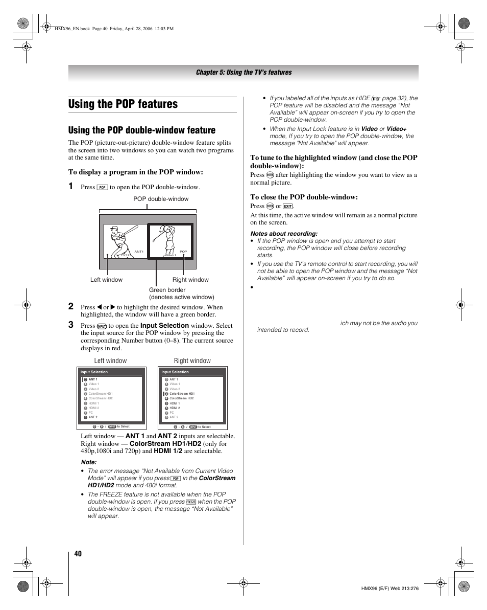 Using the pop features, Using the pop double-window feature, Chapter 5: using the tv’s features | Press p to open the pop double-window, Left window right window | Toshiba Integrated High Definition DLP 50HMX96 User Manual | Page 40 / 90