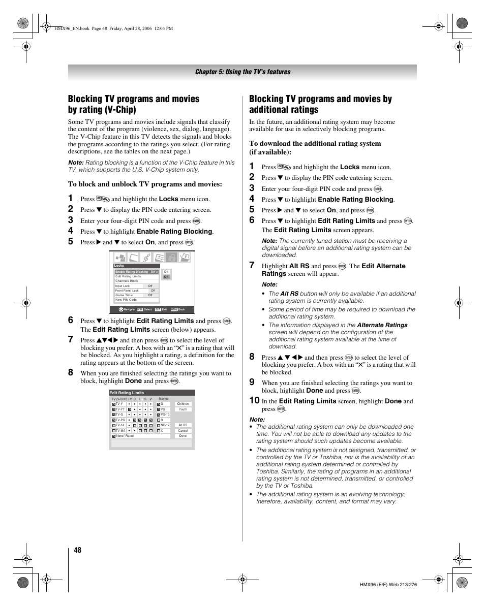 Blocking tv programs and movies by rating (v-chip) | Toshiba Integrated High Definition DLP 50HMX96 User Manual | Page 48 / 90