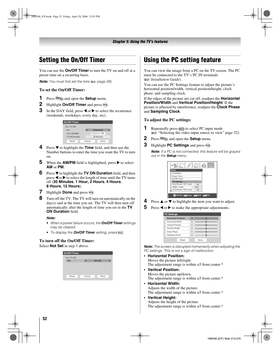 Setting the on/off timer, Using the pc setting feature | Toshiba Integrated High Definition DLP 50HMX96 User Manual | Page 52 / 90