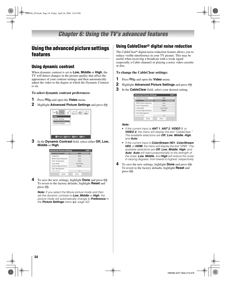 Chapter 6: using the tv’s advanced features, Using the advanced picture settings features, Using dynamic contrast | Using cableclear, Digital noise reduction | Toshiba Integrated High Definition DLP 50HMX96 User Manual | Page 54 / 90