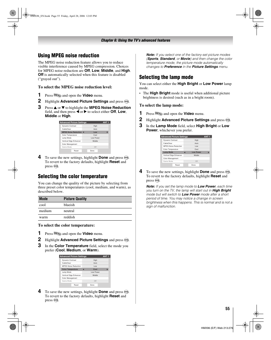 Using mpeg noise reduction, Selecting the color temperature, Selecting the lamp mode | Toshiba Integrated High Definition DLP 50HMX96 User Manual | Page 55 / 90