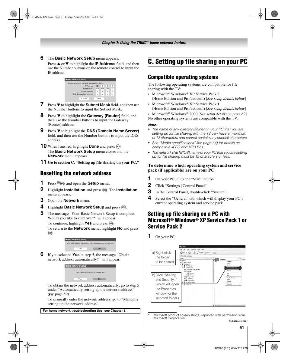 C. setting up file sharing on your pc, Resetting the network address 1, Compatible operating systems | Setting up file sharing on a pc with microsoft, Windows, Xp service pack 1 or service pack 2 1 | Toshiba Integrated High Definition DLP 50HMX96 User Manual | Page 61 / 90