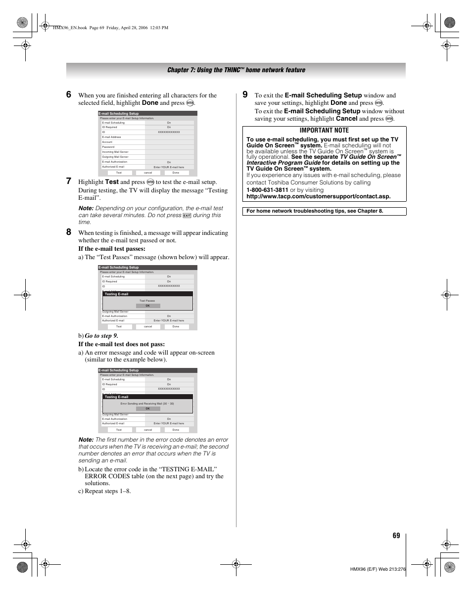 Chapter 7: using the thinc, Home network feature | Toshiba Integrated High Definition DLP 50HMX96 User Manual | Page 69 / 90