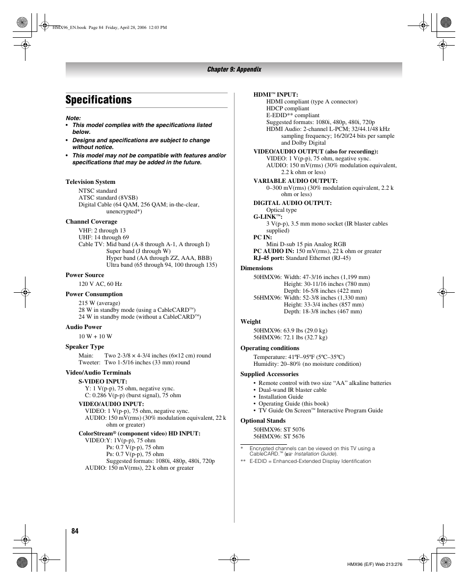 Specifications | Toshiba Integrated High Definition DLP 50HMX96 User Manual | Page 84 / 90