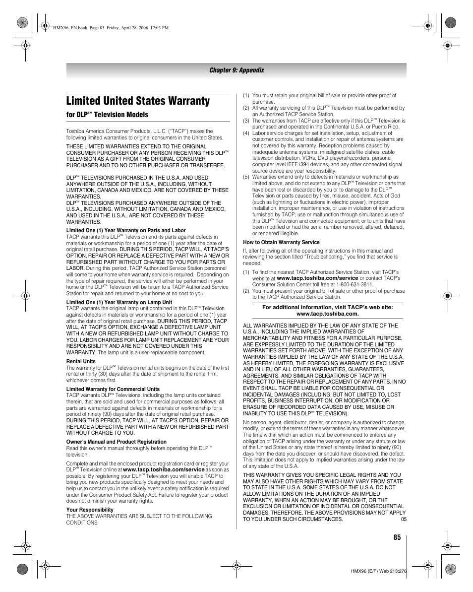 Limited united states warranty, For dlp, Television models | Toshiba Integrated High Definition DLP 50HMX96 User Manual | Page 85 / 90