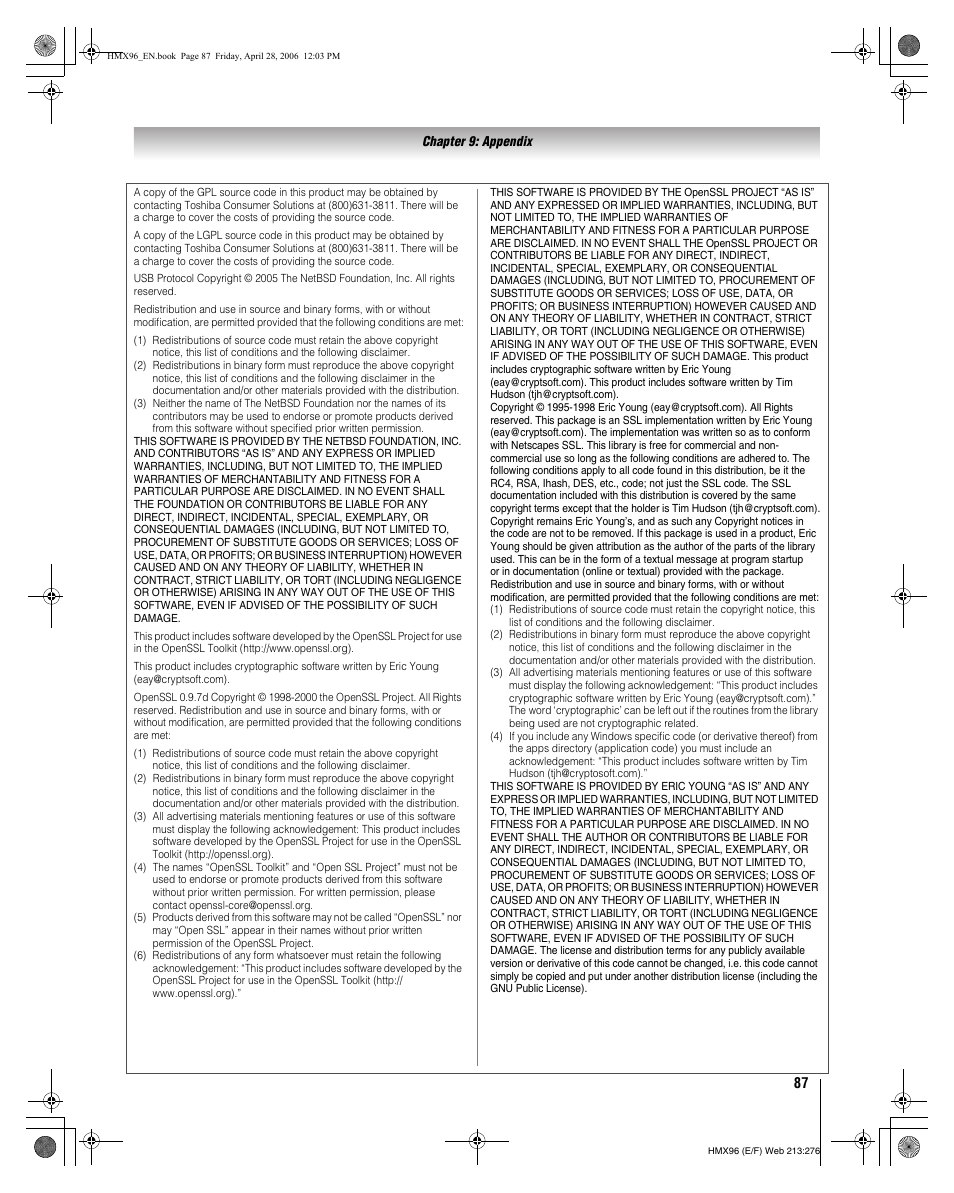 Toshiba Integrated High Definition DLP 50HMX96 User Manual | Page 87 / 90