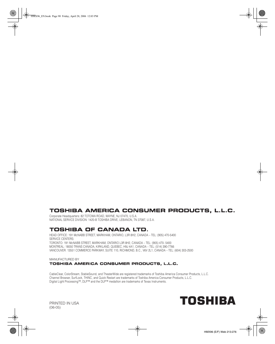 Toshiba Integrated High Definition DLP 50HMX96 User Manual | Page 90 / 90