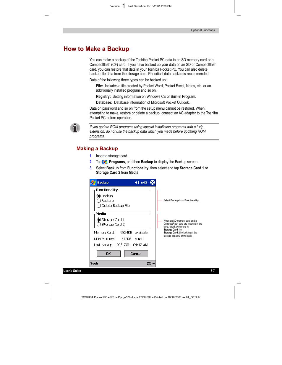 How to make a backup, Making a backup | Toshiba e570 User Manual | Page 101 / 109