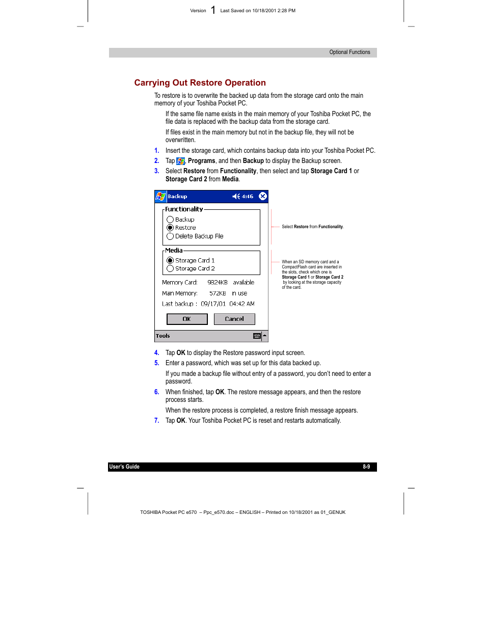 Carrying out restore operation | Toshiba e570 User Manual | Page 103 / 109
