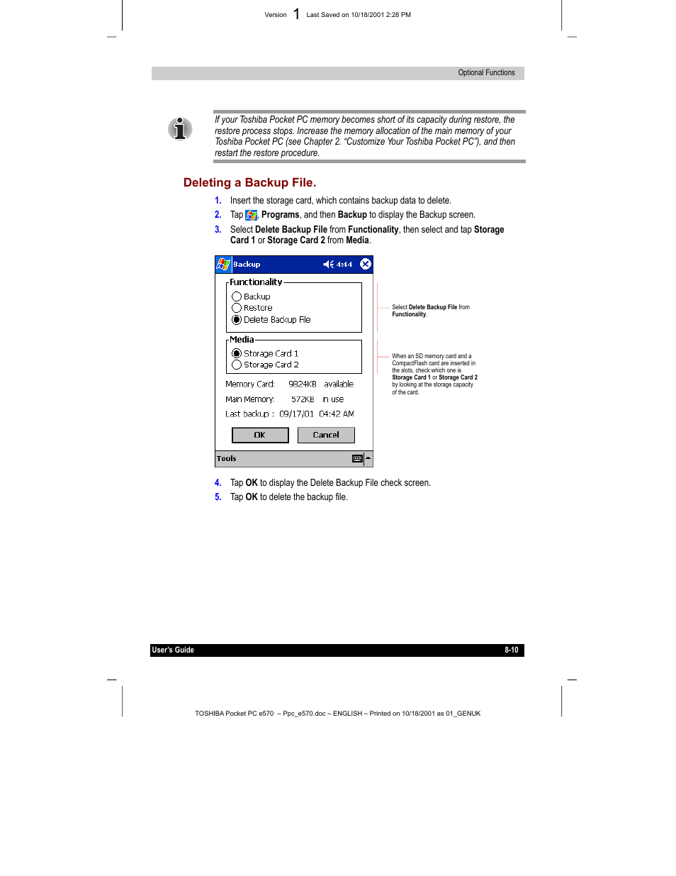 Deleting a backup file | Toshiba e570 User Manual | Page 104 / 109