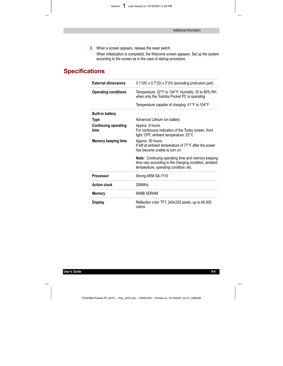 Specifications | Toshiba e570 User Manual | Page 108 / 109