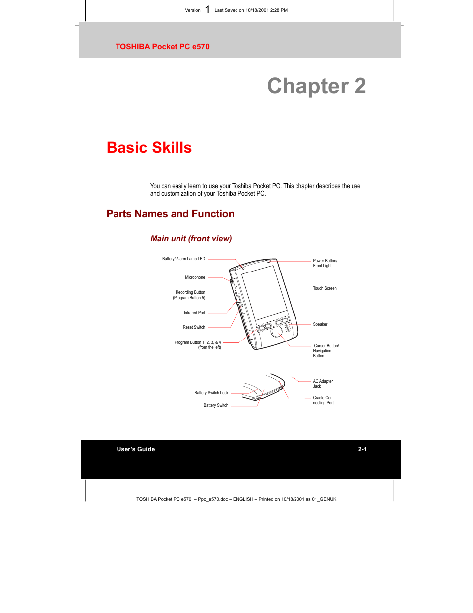 Chapter 2, Basic skills, Parts names and function | Main unit (front view) | Toshiba e570 User Manual | Page 14 / 109