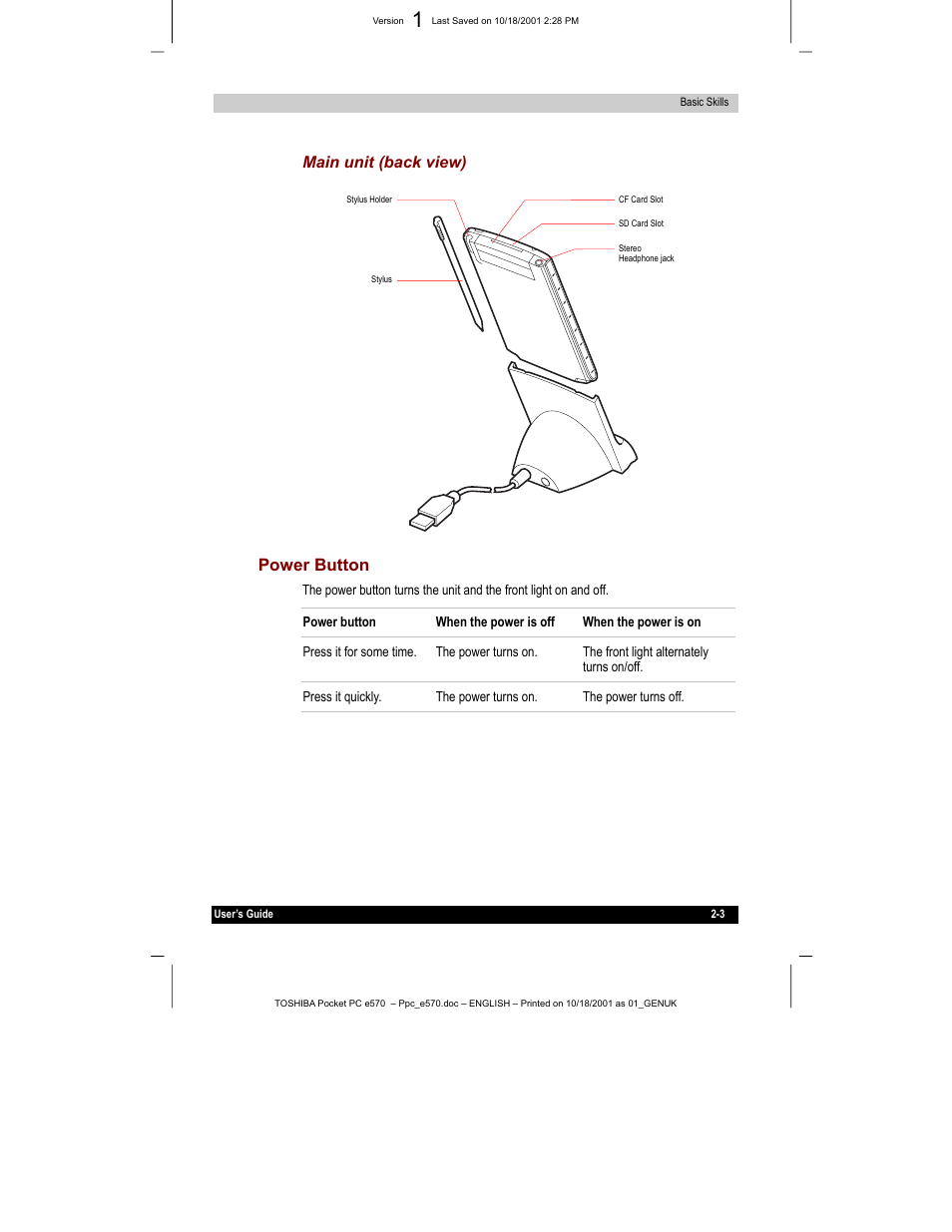 Power button, Main unit (back view) | Toshiba e570 User Manual | Page 16 / 109