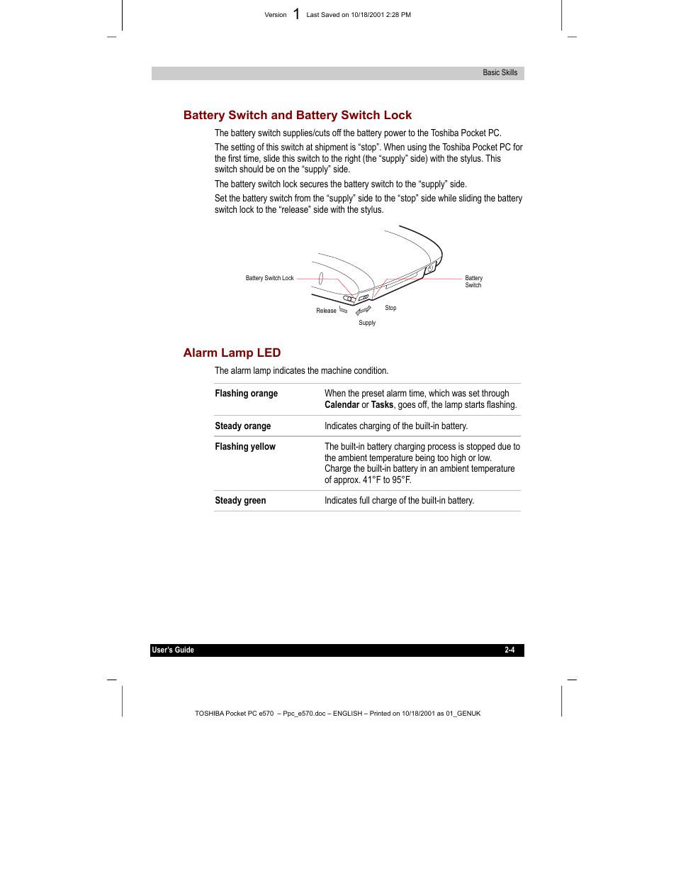 Battery switch and battery switch lock, Alarm lamp led | Toshiba e570 User Manual | Page 17 / 109