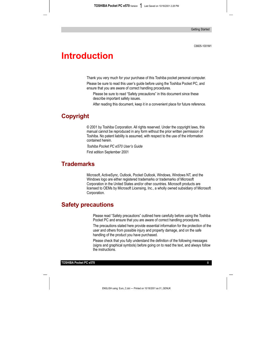 Introduction, Copyright, Trademarks | Safety precautions | Toshiba e570 User Manual | Page 2 / 109