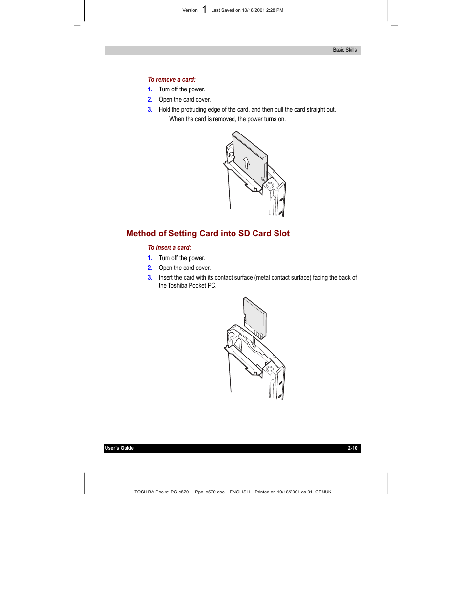 Method of setting card into sd card slot | Toshiba e570 User Manual | Page 23 / 109