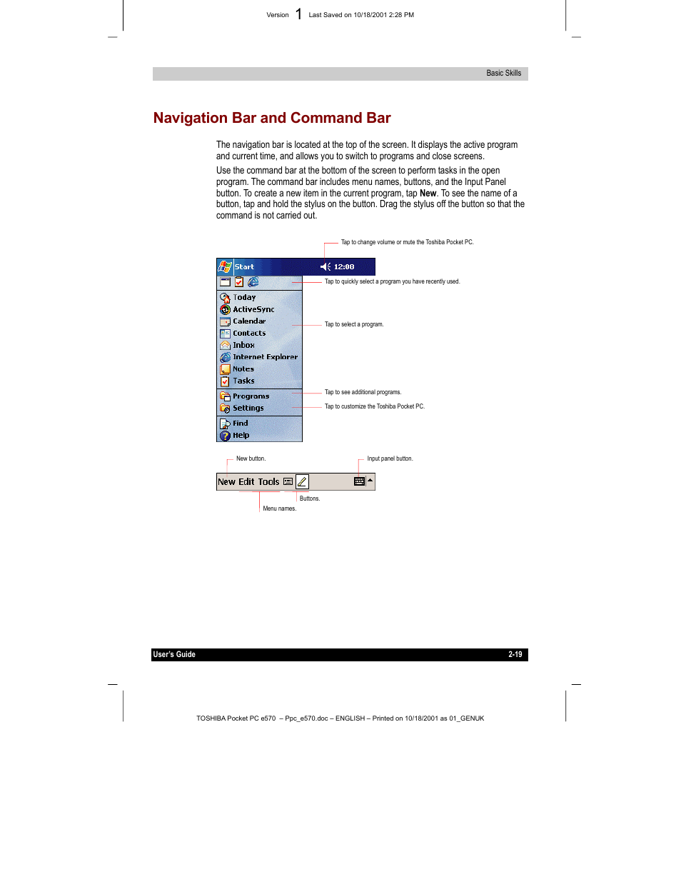 Navigation bar and command bar | Toshiba e570 User Manual | Page 32 / 109