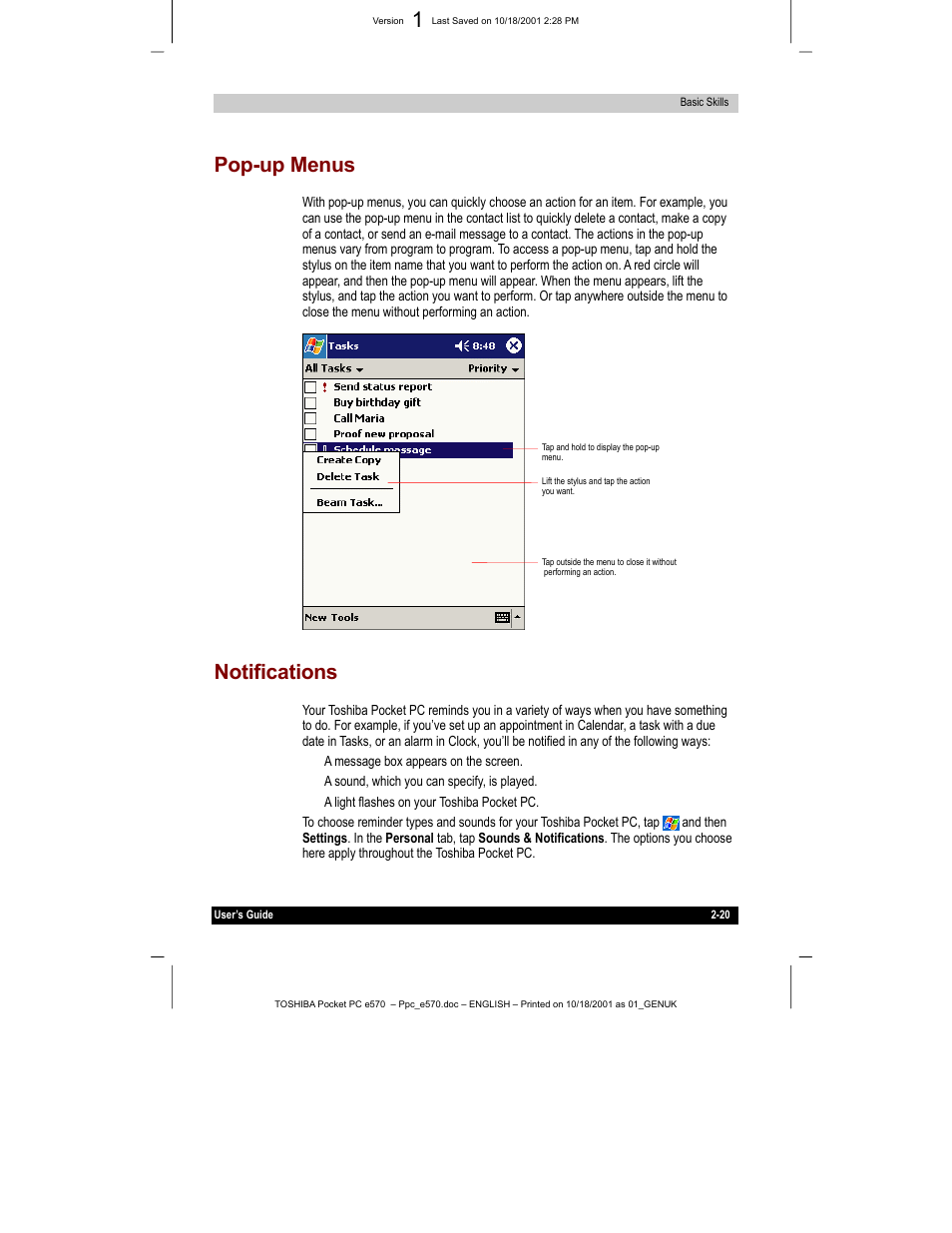 Pop-up menus, Notifications | Toshiba e570 User Manual | Page 33 / 109