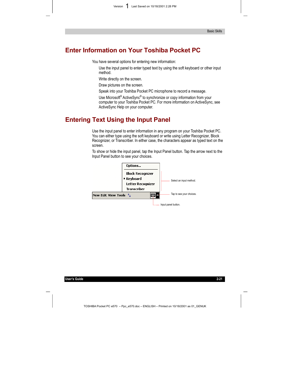 Enter information on your toshiba pocket pc, Entering text using the input panel | Toshiba e570 User Manual | Page 34 / 109