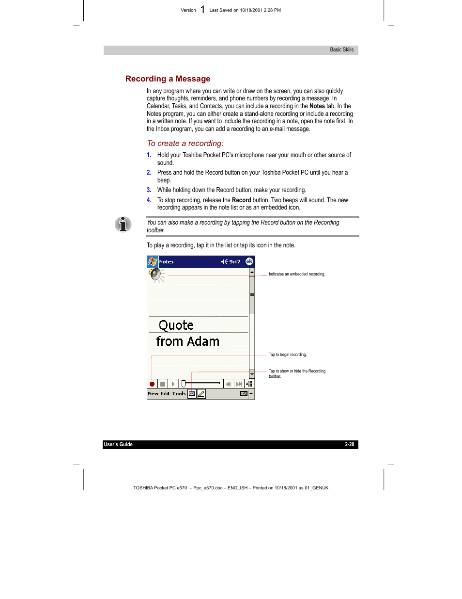 Recording a message | Toshiba e570 User Manual | Page 41 / 109