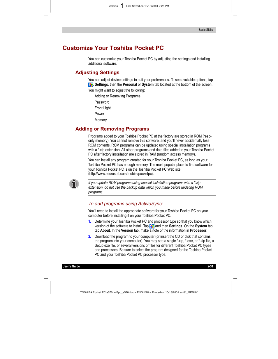 Customize your toshiba pocket pc | Toshiba e570 User Manual | Page 44 / 109