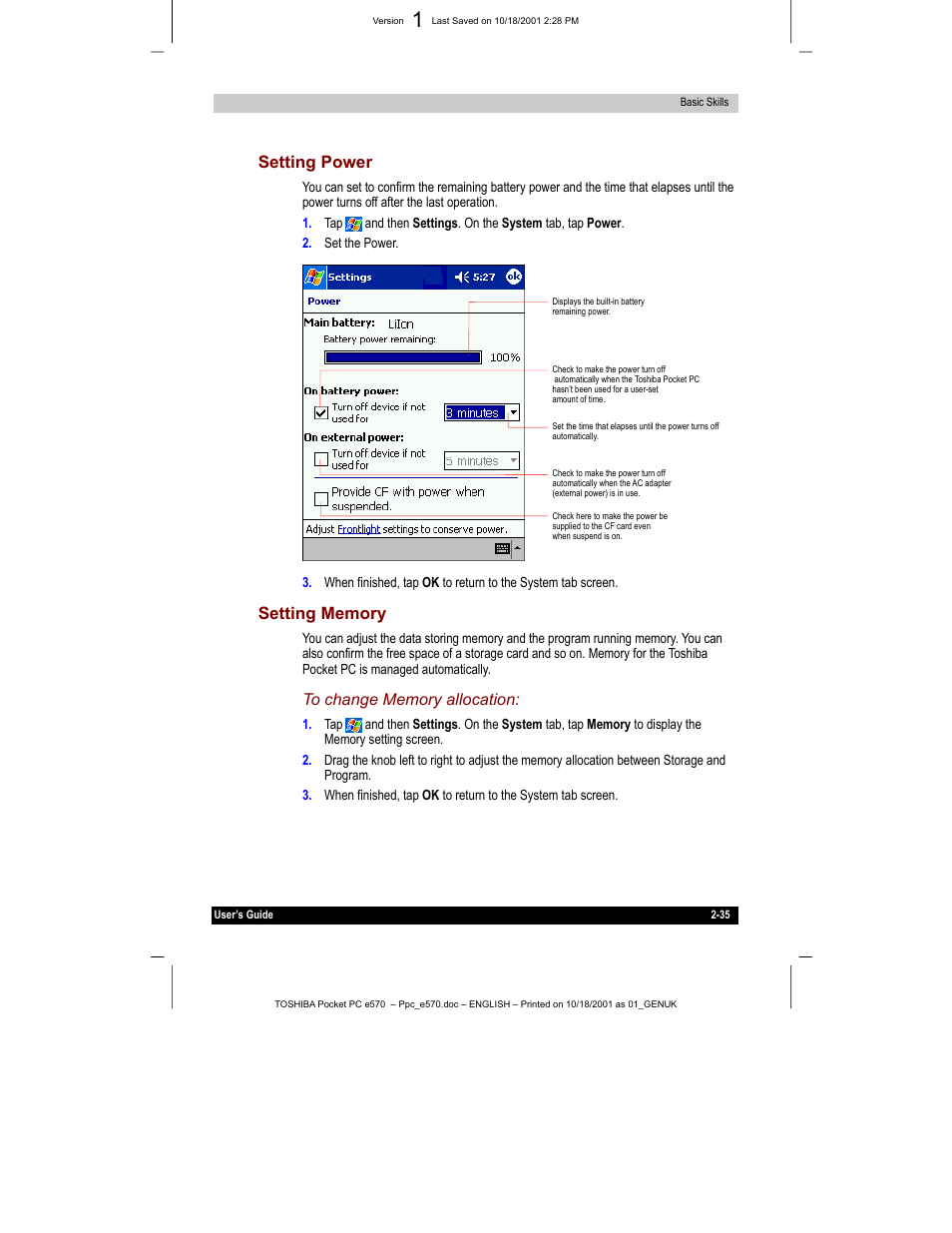 Setting power | Toshiba e570 User Manual | Page 48 / 109