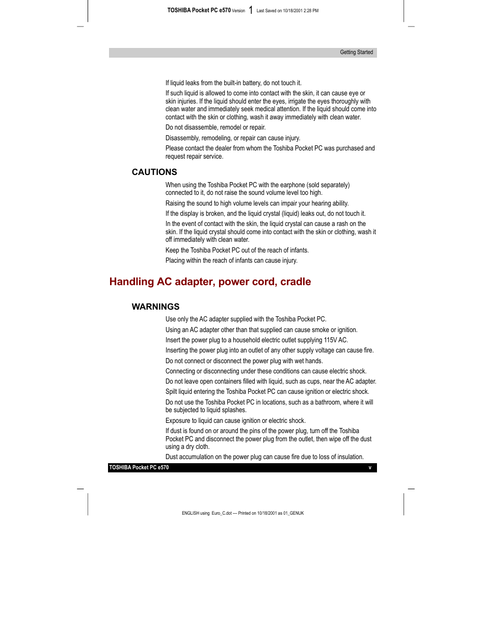 Handling ac adapter, power cord, cradle | Toshiba e570 User Manual | Page 5 / 109