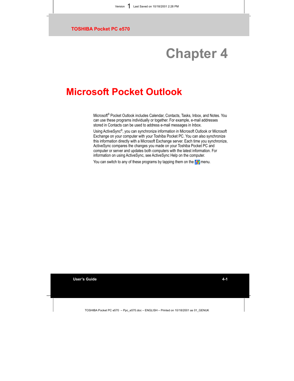 Chapter 4, Microsoft pocket outlook | Toshiba e570 User Manual | Page 52 / 109