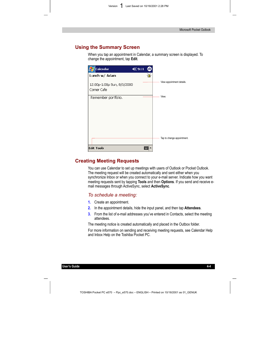 Using the summary screen, Creating meeting requests | Toshiba e570 User Manual | Page 55 / 109