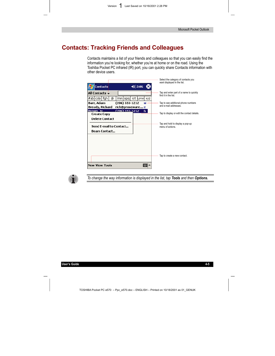 Contacts: tracking friends and colleagues | Toshiba e570 User Manual | Page 56 / 109