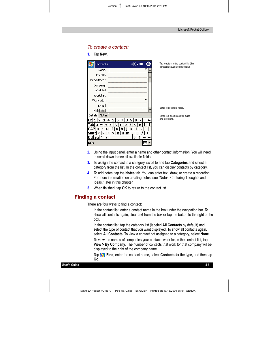 Finding a contact | Toshiba e570 User Manual | Page 57 / 109