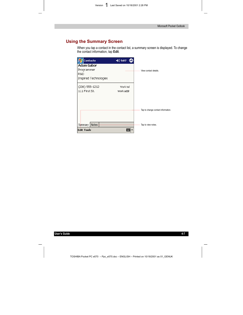 Using the summary screen | Toshiba e570 User Manual | Page 58 / 109