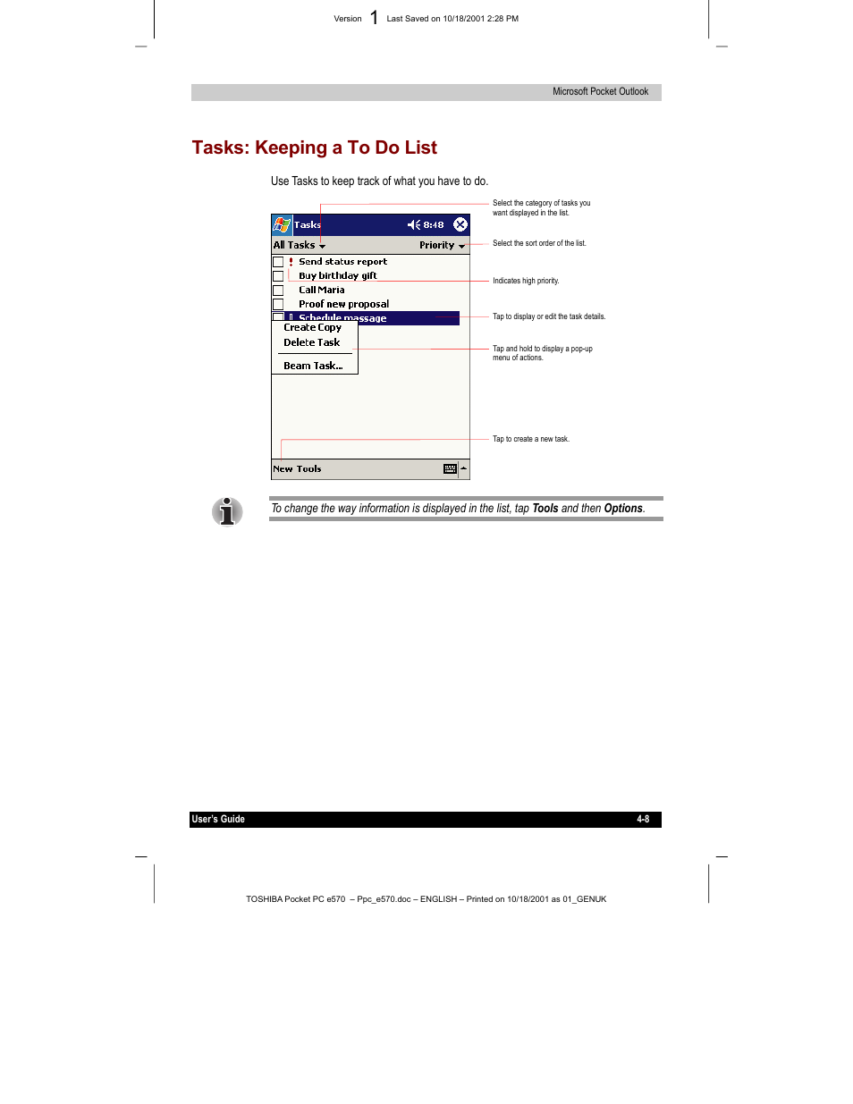 Tasks: keeping a to do list | Toshiba e570 User Manual | Page 59 / 109