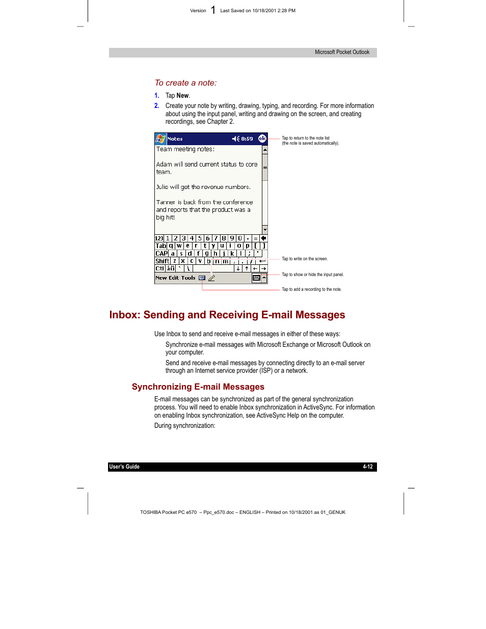 Inbox: sending and receiving e-mail messages, Synchronizing e-mail messages | Toshiba e570 User Manual | Page 63 / 109