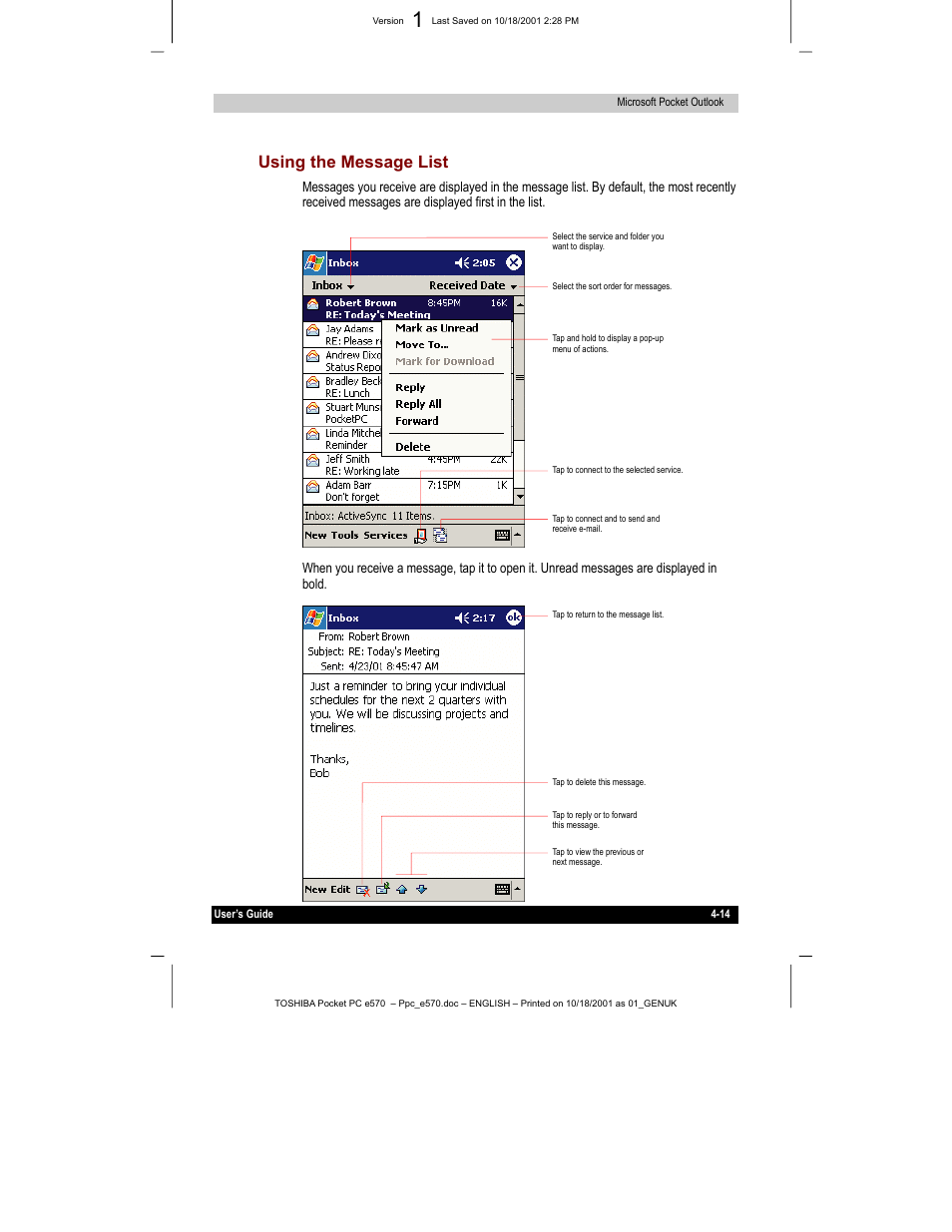 Using the message list | Toshiba e570 User Manual | Page 65 / 109