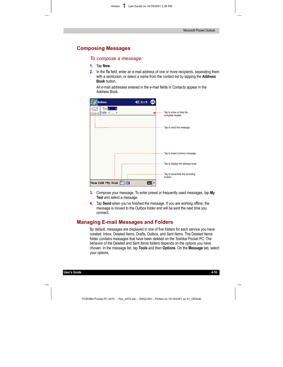 Composing messages, Managing e-mail messages and folders | Toshiba e570 User Manual | Page 67 / 109