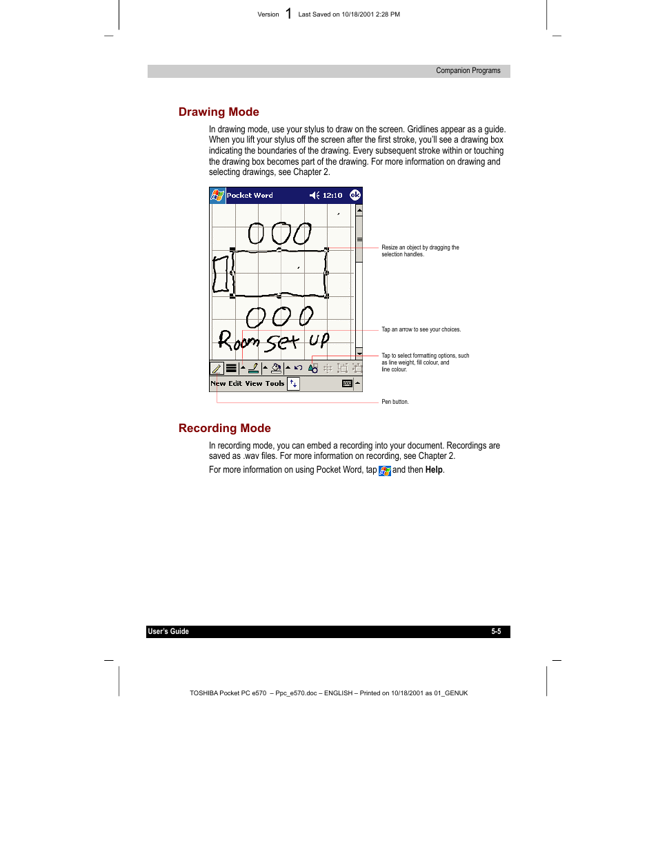 Drawing mode, Recording mode | Toshiba e570 User Manual | Page 73 / 109