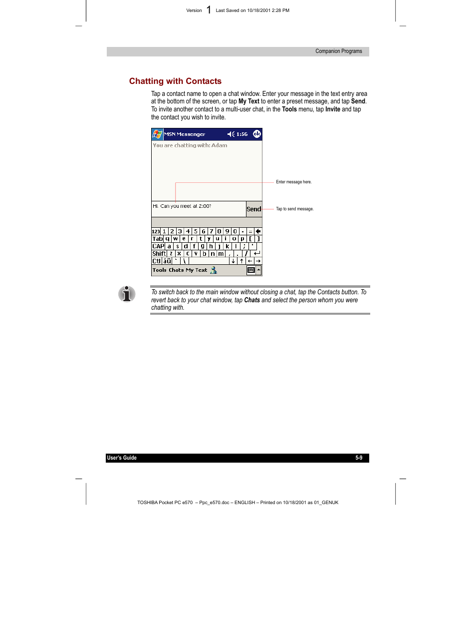 Chatting with contacts | Toshiba e570 User Manual | Page 77 / 109