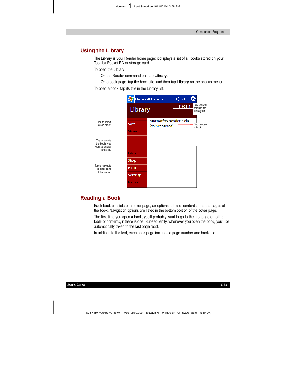 Using the library, Reading a book | Toshiba e570 User Manual | Page 81 / 109