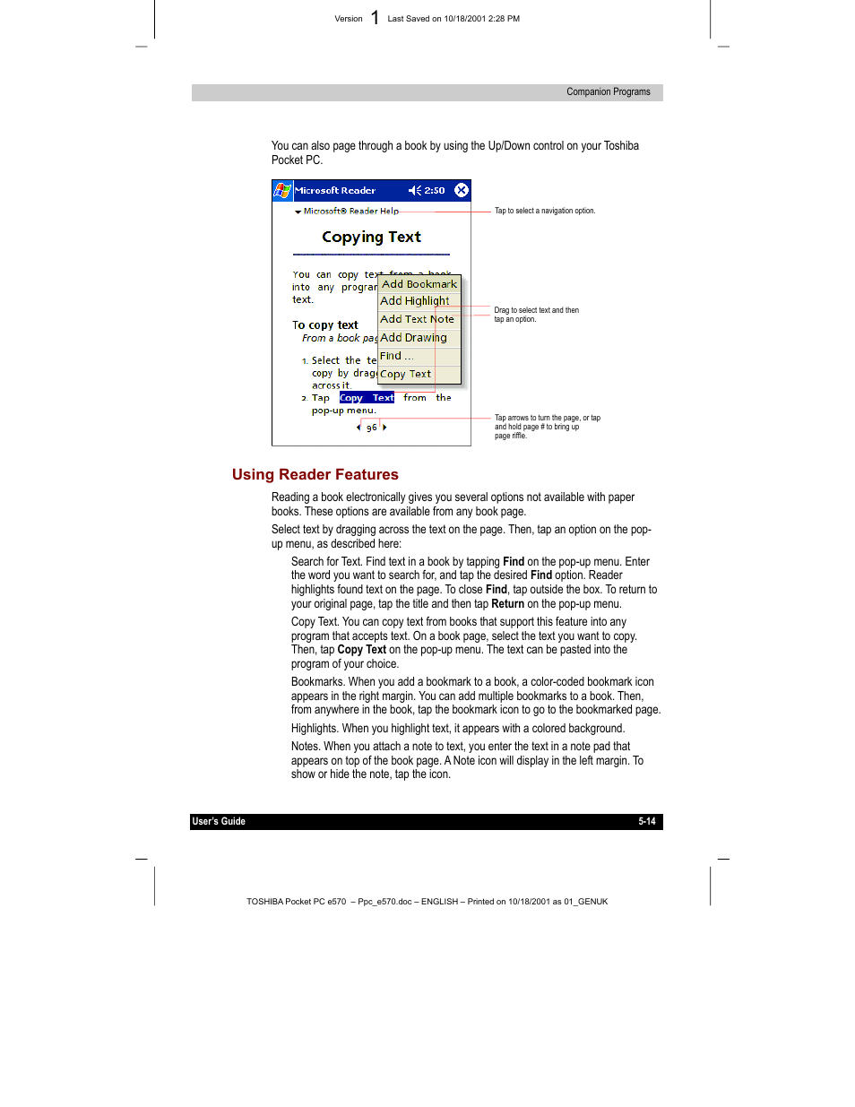 Using reader features | Toshiba e570 User Manual | Page 82 / 109