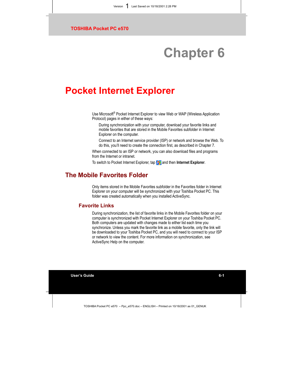 Chapter 6, Pocket internet explorer, The mobile favorites folder | Toshiba e570 User Manual | Page 84 / 109