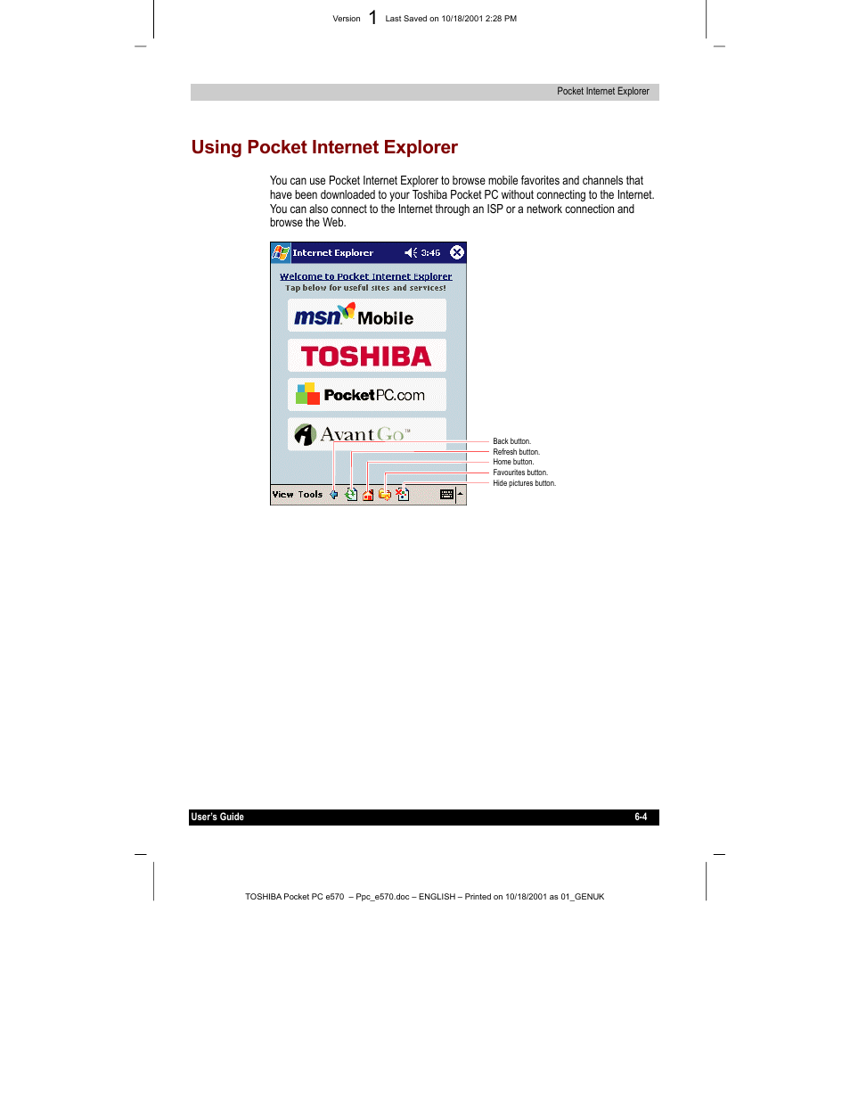Using pocket internet explorer | Toshiba e570 User Manual | Page 87 / 109