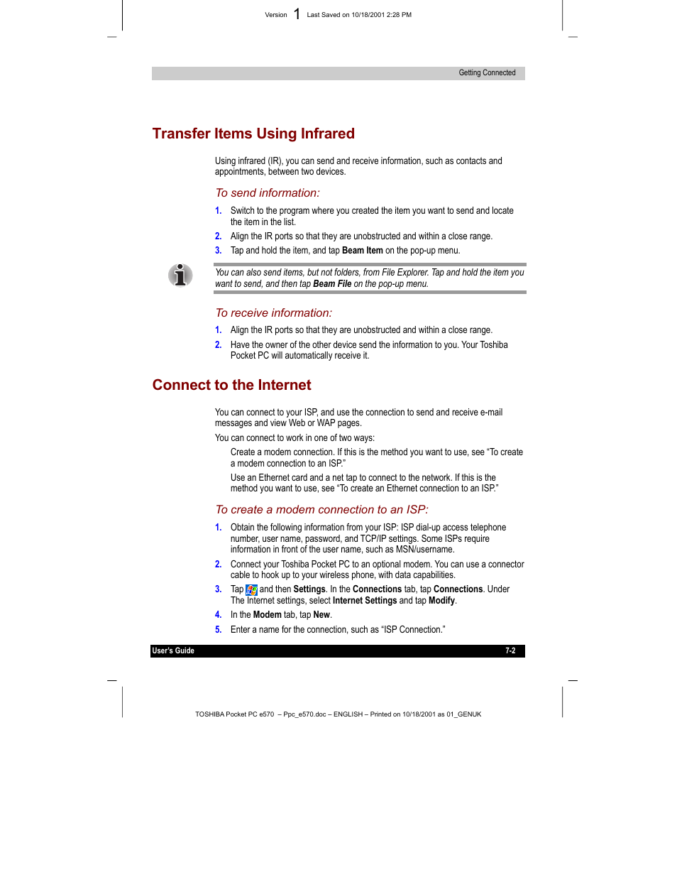 Transfer items using infrared, Connect to the internet | Toshiba e570 User Manual | Page 90 / 109