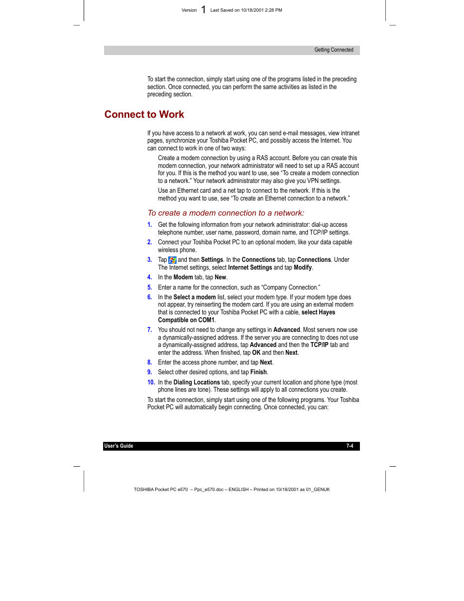 Connect to work | Toshiba e570 User Manual | Page 92 / 109