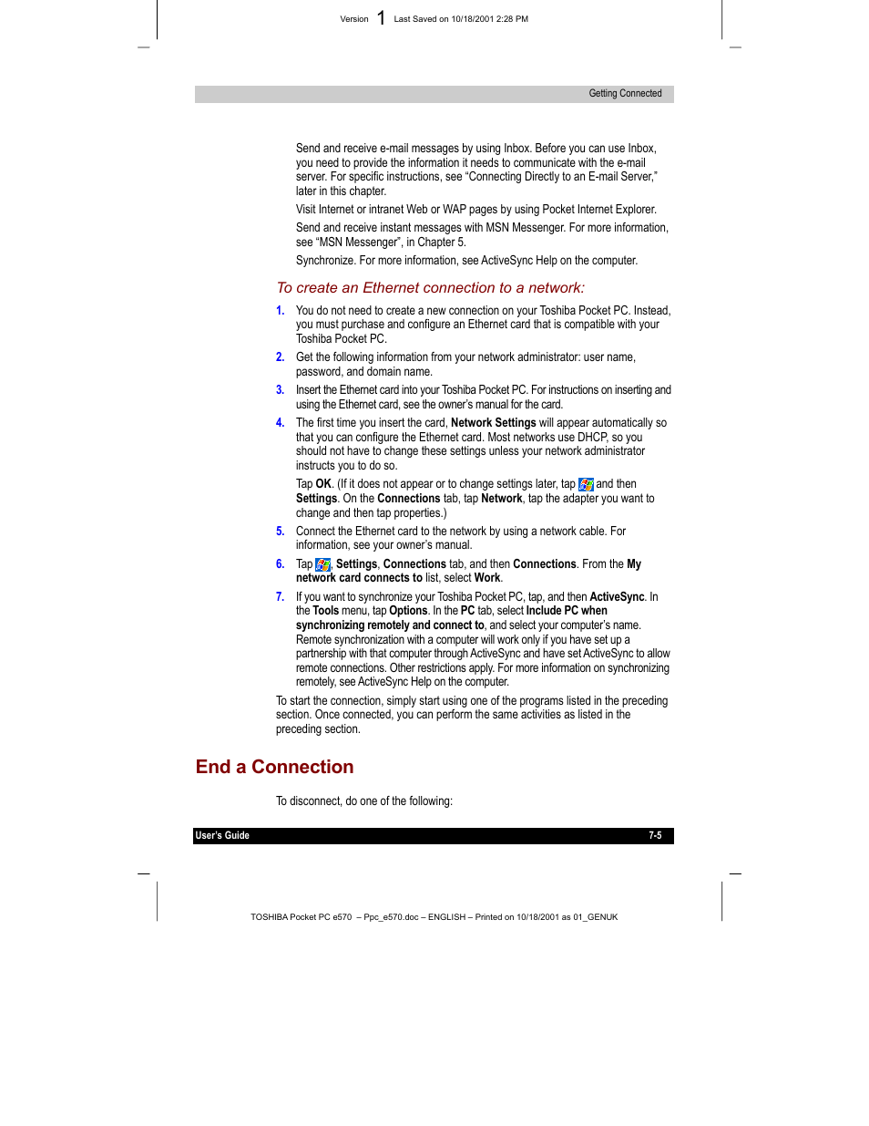 End a connection | Toshiba e570 User Manual | Page 93 / 109