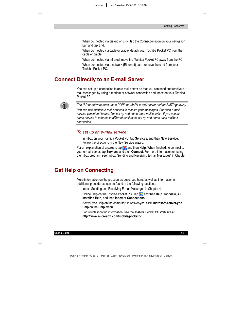 Connect directly to an e-mail server, Get help on connecting | Toshiba e570 User Manual | Page 94 / 109