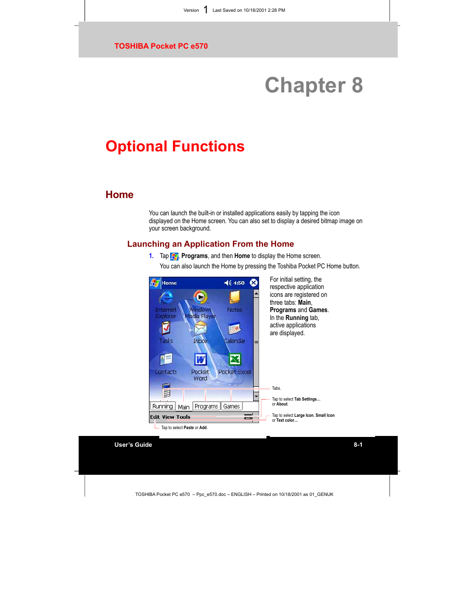 Chapter 8, Optional functions, Home | Toshiba e570 User Manual | Page 95 / 109