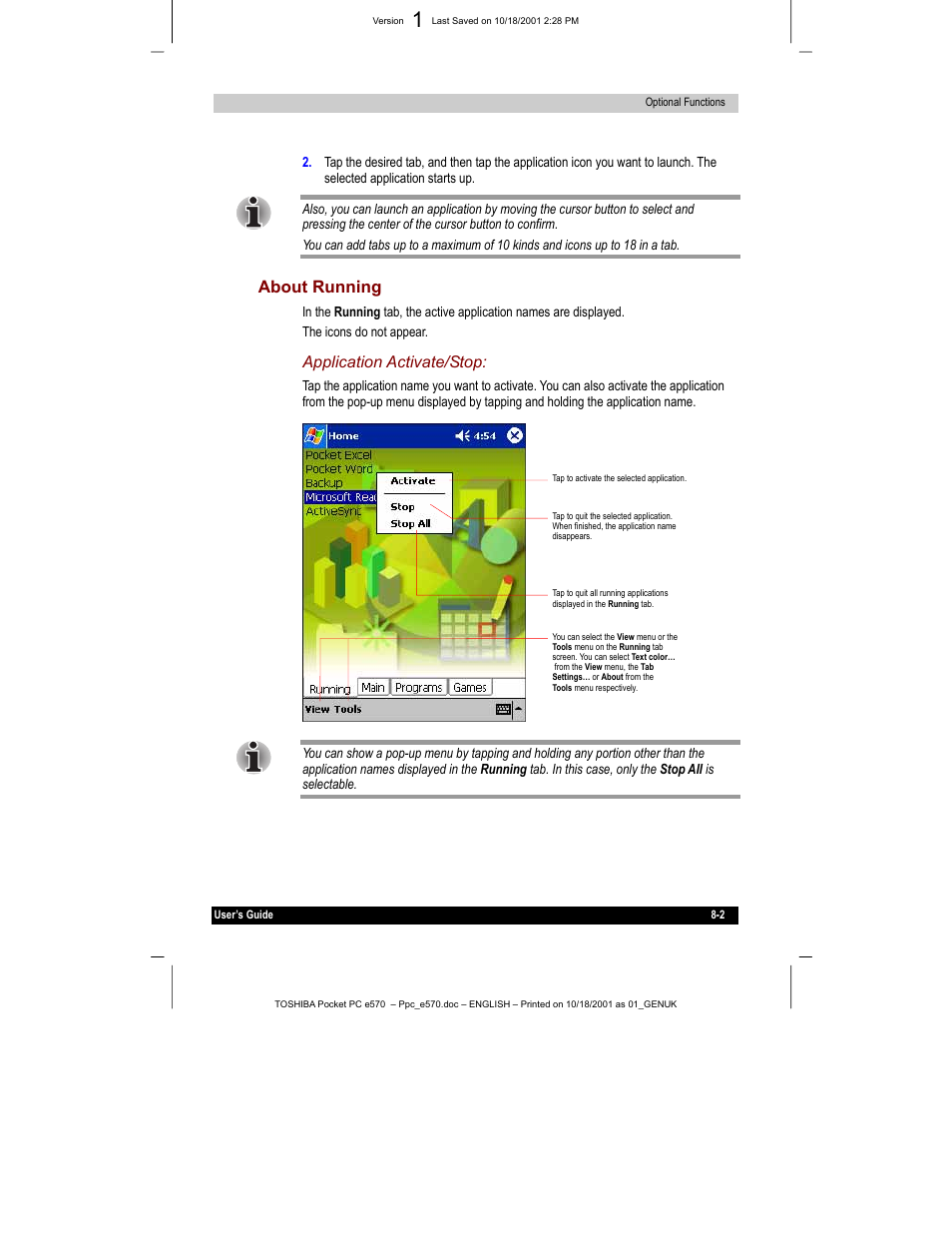 About running, Application activate/stop | Toshiba e570 User Manual | Page 96 / 109