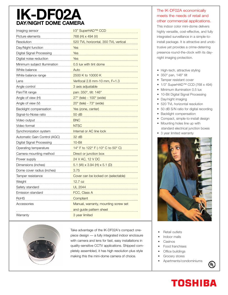 Ik-df02a, Day/night dome camera, Main features | Applications | Toshiba IK-DF02ADAY User Manual | Page 2 / 2
