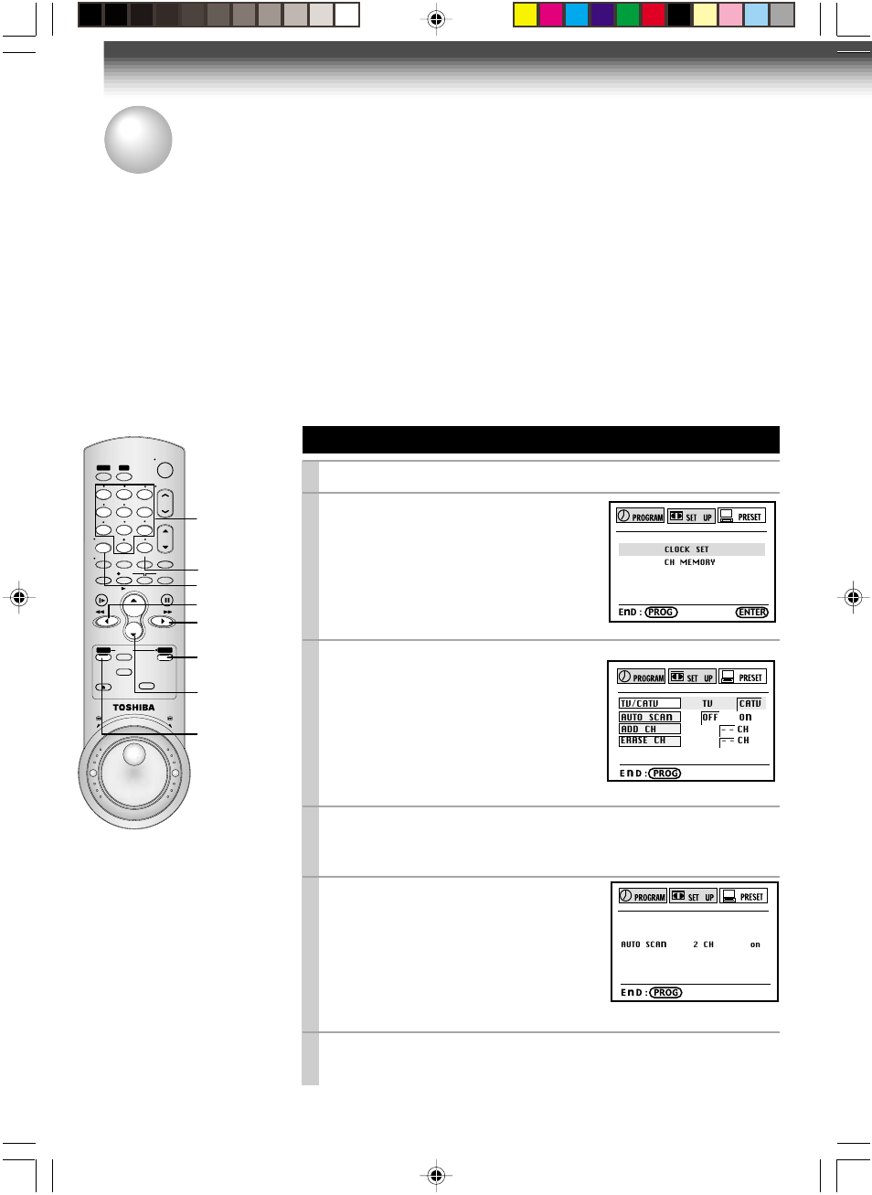 Storing channels on the vcr, Incoming antenna/cable(catv) signals, Press prog . to display the menu screen | Select “preset” using ff or rew , and press enter, Set “tv/catv“ to “tv” or “catv” using ff or rew, Press prog. twice to exit | Toshiba W-627 User Manual | Page 16 / 34